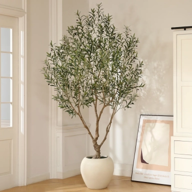 Adcock 8ft Artificial Olive Tree with 18in White Planter, Tall Faux Olive Trees for Indoor