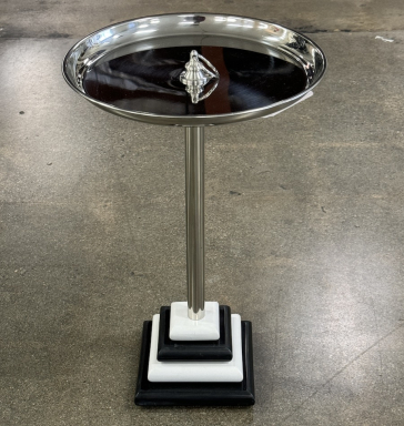 Polished Silver Round Side Table - Black and White Marble Stone Base